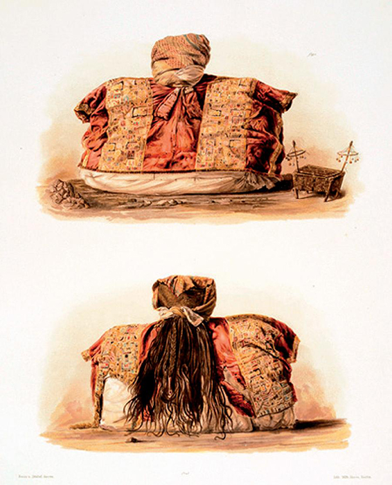 Lámina 16 de “The necropolis of Ancon in Peru” (1880-1887) de Wilhelm Reiss y Alphons Stübel, mostrando la vista frontal de una momia. Cromolitografía. Reproducido con autorización del Getty Research Institute, Los Ángeles (2992-584).