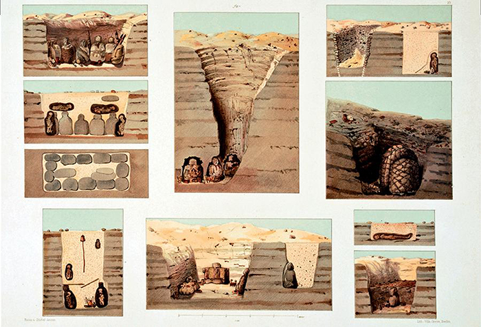 Lámina 10 de “The necropolis of Ancon in Peru”, mostrando las secciones transversales de los entierros. Cromolitografía. Reproducido con autorización del Getty Research Institute, Los Ángeles (2992-584).