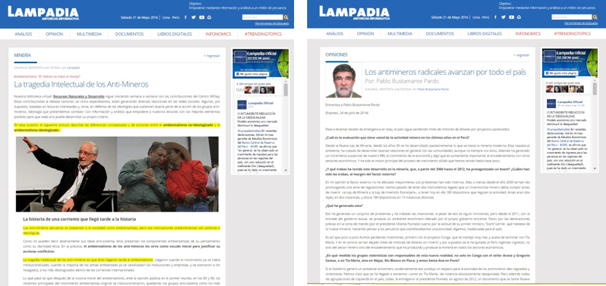 La tragedia
intelectual de los anti-mineros» del 3 de marzo de 2016 (izquierda) y «Los
antimineros radicales avanzan por todo el país» del 24 de julio de 2015
(derecha).