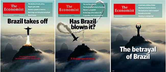 Da esquerda para direita: edi&ccedil;&otilde;es de 11/2009, 10/2013 e 04/2016 da revista The Economist.