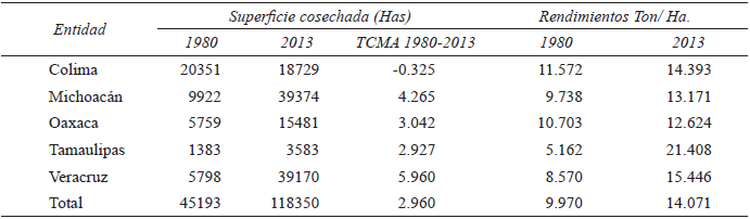 Comportamiento
de la superficie y los rendimientos de la producción en las regiones limoneras
(1980- 2013)