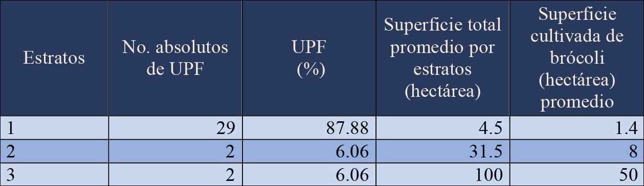 Estratos de
las UPF del cultivo de br&oacute;coli en Los Reyes de Ju&aacute;rez y Palmarito Tochapa.