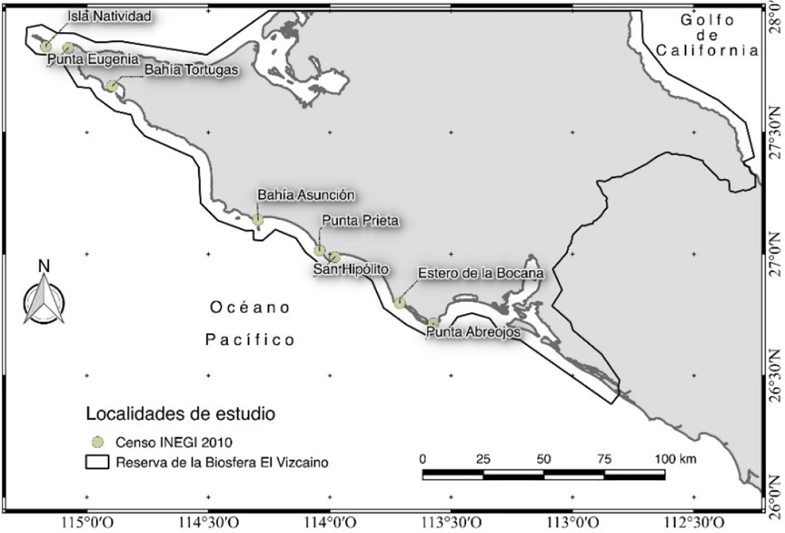  Localidades de estudio en la Zona Pac&iacute;fico Norte, 

Reserva
de la Bi&oacute;sfera El Vizca&iacute;no, municipio de Muleg&eacute;, B. C. S., M&eacute;xico