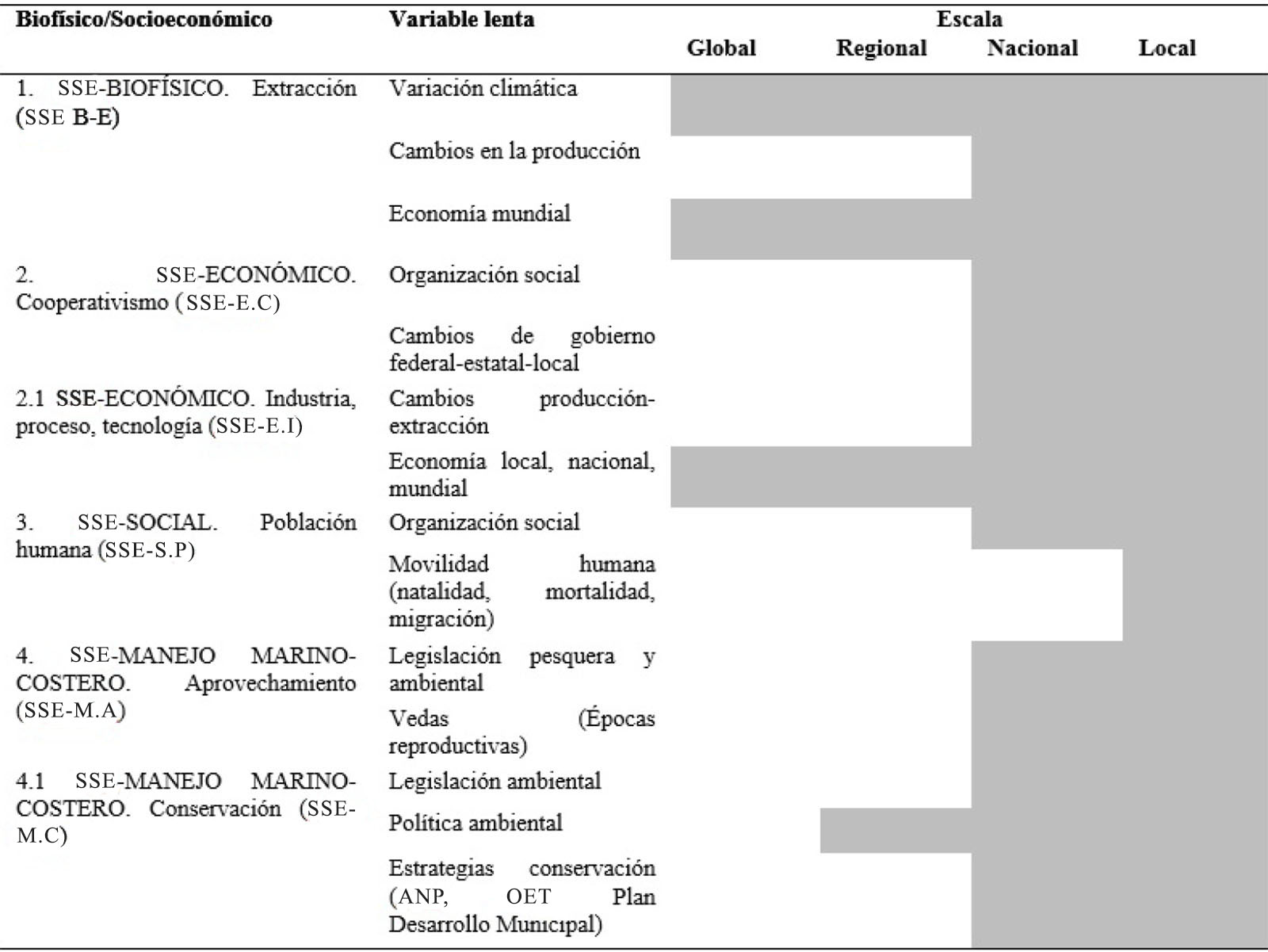 Escalas de la din&aacute;mica del SSE identificados en la ZPN