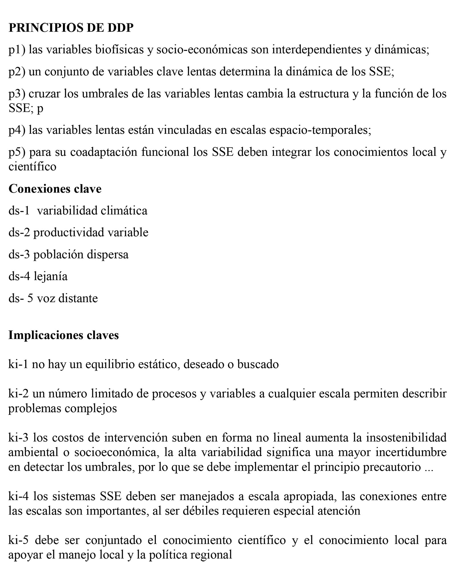 

Resumen de los Principios del paradigma (DDP),
conexiones (ds1-ds5) e implicaciones
claves (ki) (Reynolds et al.,
2007; Mart&iacute;nez-Pe&ntilde;a et al., 2012).  

