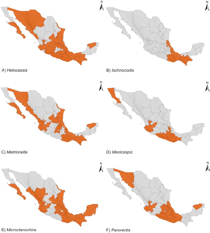 Distribuci&oacute;n en M&eacute;xico de g&eacute;neros de Cassidini s. l. A) Helocassis Spaeth, B) Ischnocodia Spaeth, C) Metrionella Spaeth, D) Mexicaspis Spaeth, E) Microctenochira Spaeth, F) Parorectis Spaeth.