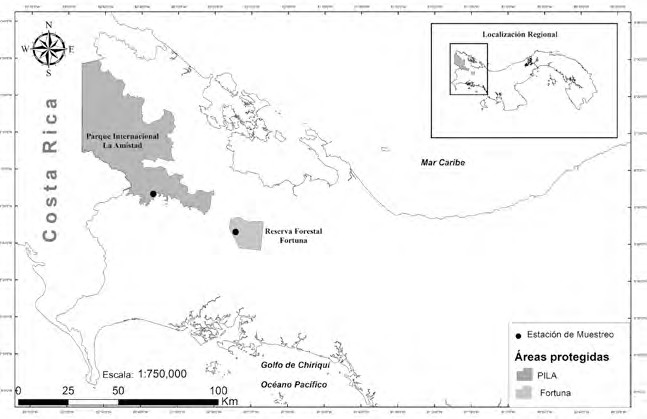 Localización de las 2 áreas de estudio de mariposas nocturnas de Chiriquí, Panamá
