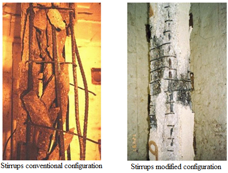 Results obtained after test under the high temperatures: (a) conventional configuration of the high strength column reinforcement and (b) modified configuration