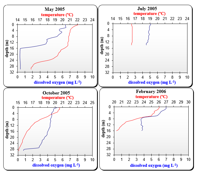 Dissolved oxygen and temperature profiles in
Capivari-Cachoeira reservoir, examples from 2005 and 2006 data23.
