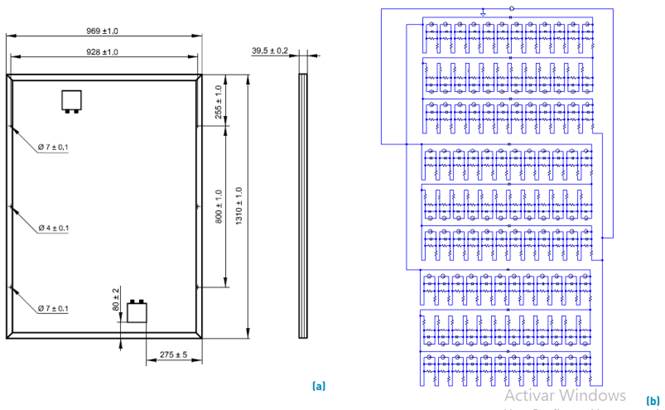 Isofoton I-159 modules dimensions (a) and electrical structure of the module simulated in LTSpice (b)