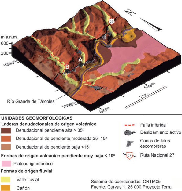 Aparecen los sitios muestreados (A) estacionamiento km 46+600 y (B) estacionamiento km 48+000 sobre un MED con información geomorfológica de la zona de estudio, se observa cómo en general la RN-27 atraviesa una zona de laderas denudacio-nales de origen volcánico con pendientes moderadas 16-35°, paralelo al cañón del río Grande de Tárcoles.