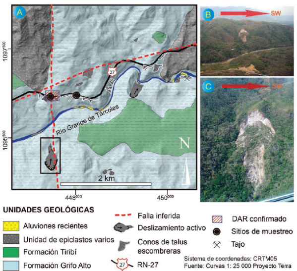 A.) Mapa geológico del área de estudio. B.) Fotografía aérea oblicua donde se observa en la parte inferior la RN-27, específicamente el talud muestreado en el estacionamiento del km 48+000, en la parte media, se observa el río Grande de Tárcoles y más atrás un deslizamiento activo de tamaño considerable que podría afectar un poliducto ubicado sobre el cauce del río. C.) Detalle de deslizamiento en la margen izquierda del río Grande de Tárcoles, se notan materiales muy meteorizados y similares a los observados en los taludes de la RN-27. Fotografías cortesía de Gerardo Soto.