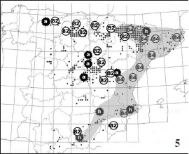 Mapa extraído de GARCÍA-BARROS et al. (2004) con cuadrados de 10 x 10 km representando con puntos las citas de L. albicans y L. hispana sin diferenciar. Añadimos: Circulo con número haploide encontrado por DE LESSE (1969). Estrella negra con letra, tipo de huevo encontrado: a, L. albicans, h, L. hispana. Sombreado: posible área de distribución de L. hispana.