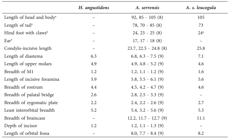Selected measurements (in mm) of the lectotype of Habrothrix angustidens (ZMK 1/1845:13246), the type series of Akodon serrensis (BMNH 3.7.1.66&ndash;BMNH 3.7.1.73, ZMK 1257; mean, minimum-maximun and sample size in parenthesis), and the holotype of Akodon serrensis leucogula (MN 2513).