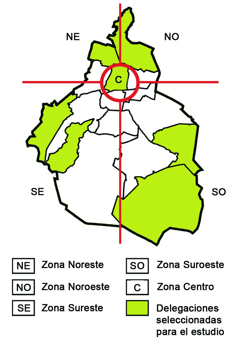 Delegaciones seleccionadas para nuestro estudio
mediante muestreo aleatorizado. Las zonas están delimitadas por la Secretaría
del Medio Ambiente (SEDEMA) para el estudio de la calidad del aire en la Ciudad
de México