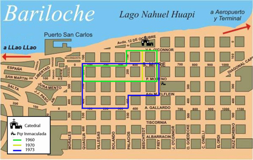 Plano de las calles céntricas de Bariloche donde se observan los cambios de recorrido en la procesión del 8 de diciembre (1960,1970 y 1973). Confección Florencia Galante (IIDyPCa/CONICET/UNRN).
