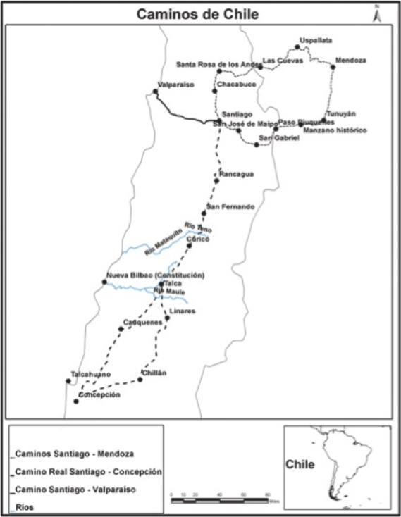 Mapa de los caminos de Chile. Siglos XVIII-XIX