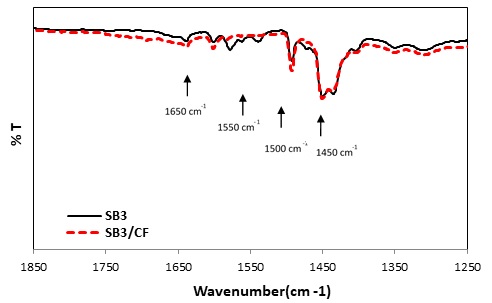  FTIR spectra of SB3 (Styrene-Butadiene with 25% styrene content) and SB3/CF (Chicken Feather) composite. 