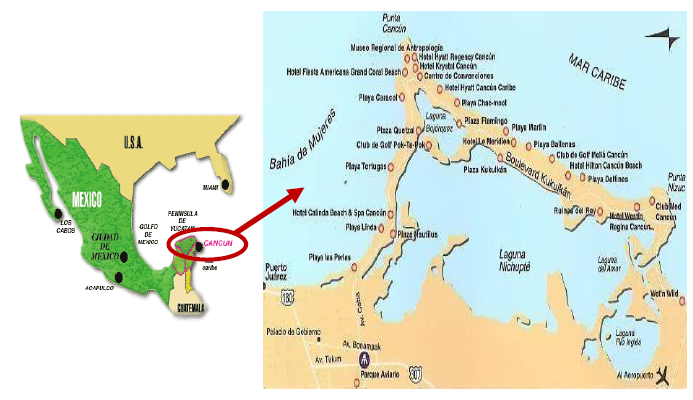 Localización playas de
Cancún.