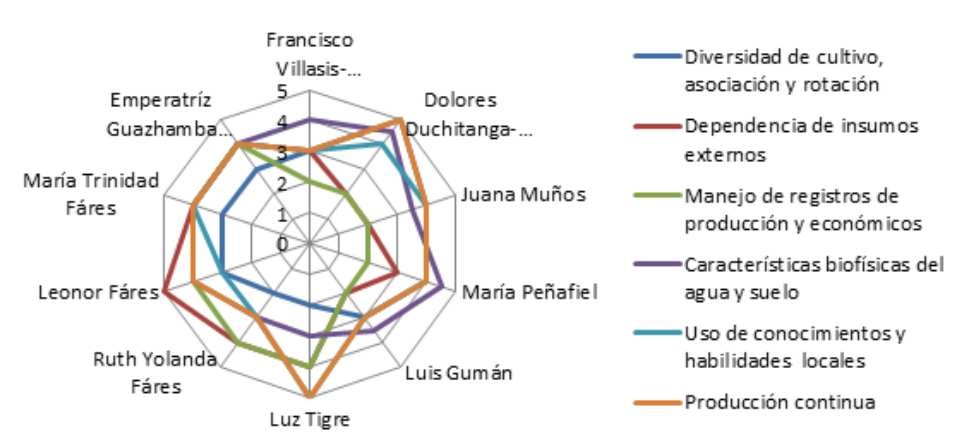 Diagrama en tela de araña representando la dimensión ambiental de las fincas hortícolas familiares estudiadas de la
parroquia de San Joaquín del cantón Cuenca-Ecuador.