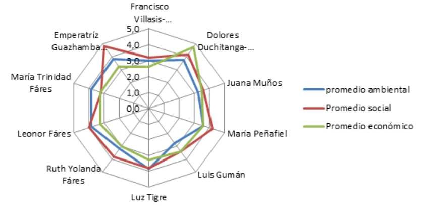 Diagrama en tela de araña representando el promedio de la dimensión ambiental, social y económica de las fincas
hortícolas familiares estudiadas de la parroquia de San Joaquín del cantón Cuenca-Ecuador. 