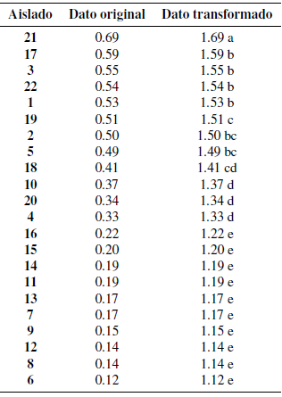 Relaci&oacute;n de agrupamiento de los 22 aislados de acuerdo a su
virulencia en las pruebas de patogenicidad con la correspondiente
transformaci&oacute;n x+1, S  = 0.03 (P<0.05) 