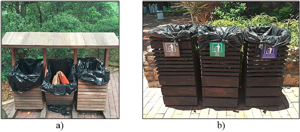 Tachos
  ubicados para la clasificaci&oacute;n en la fuente: (a) Tachos carentes de
  se&ntilde;alizaci&oacute;n; (b) Logos de los tachos