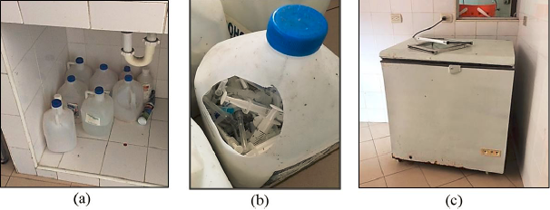 Almacenamiento de desechos biopeligrosos en el
  &aacute;rea de cuarentena (a) &Aacute;rea designada para el almacenamiento de desechos
  biopeligrosos; (b) Envases utilizados para el almacenamiento de desechos
  corto-punzantes (c) Contenedor para almac&eacute;n de desechos an&aacute;tomo-patol&oacute;gicos