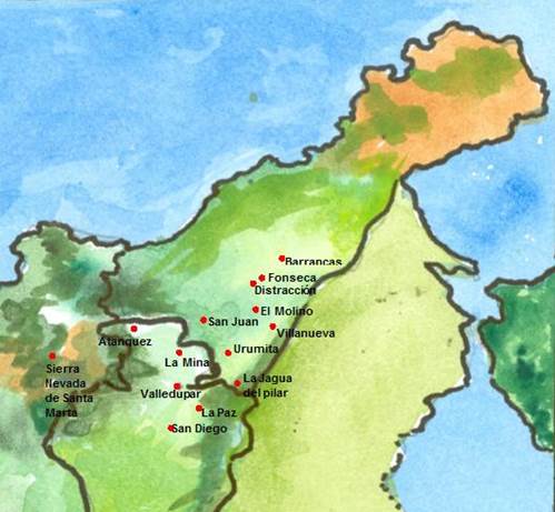 Distribución de formas voseantes diptongadas en el corredor del Valle del Cesar. Elaborado por Nelson Amaya Antolínez