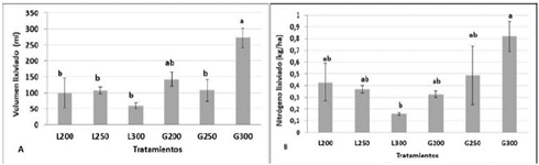 Efecto de la aplicación de abonos orgánicos usados en albahaca en: A. volumen de lixiviados, (F=6,76; p<0,001; Dunnett 95 %). B. Nitrógeno lixiviado total (F=2,72; p=0,07; Duncan 95 %). Letras iguales indican que no hay diferencias significativas entre tratamientos Las barras indican el error estándar. L= lombricompost; G= gallinaza; Los números indican las dosis de N empleadas en kg ha-1