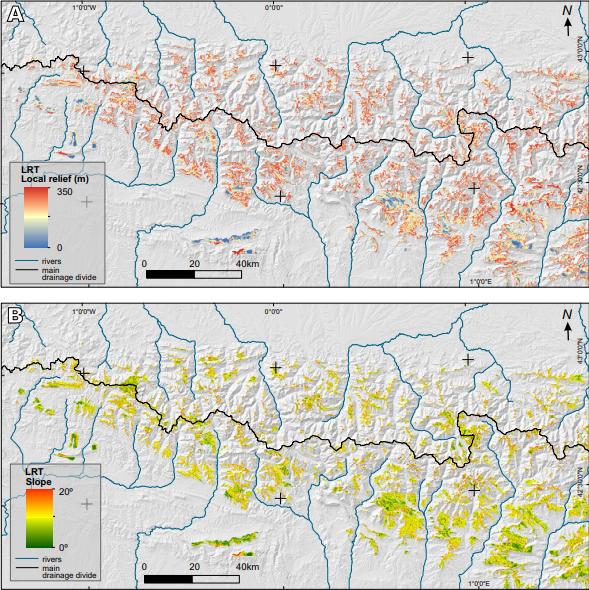 Shaded relief map (60m-DEM) of the Central-Western Pyrenees with the remnants of Low Relief Topography (LRT). A) Local relief of the LRT remnants. The relief is given for each pixel using a cell size of 500m. B) Slope of the LRT remnants.