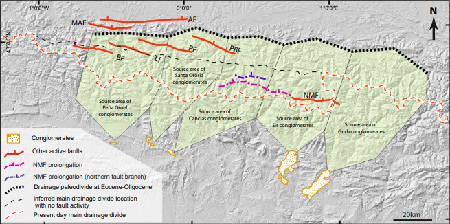 Sketch showing the estimated location of the paleo-main-drainage divide during the deposition of the upper Eocene-Oligocene conglomerates of Gurb, Sis, Canci�s, Santa Orosia and Pe�a Oroel. Dotted lines: boundaries of the fluvial/alluvial-drainage basins according to Michael et al. (2014) and Roig� et al. (2017). The location where main divide should be at present-day with no fault activity is also marked approximately. AF: Adour fault; BF: Bedous Fault; LF: Laruns Fault; PF: Pierrefitte Fault; MAF: Mail-Arrouy Fault; NMF: North Maladeta Fault; PBF: Pic du Midi de Bigorre Fault.