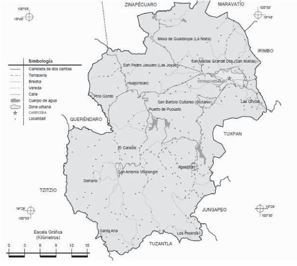 Ubicación de Ciudad Hidalgo en
el municipio de Hidalgo, Michoacán