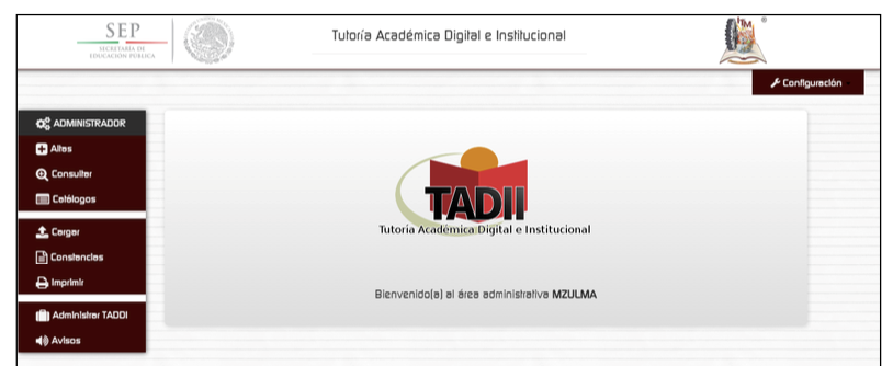 Pantalla del perfil de Administrador (o Coordinador Institucional de Tutor&iacute;as)