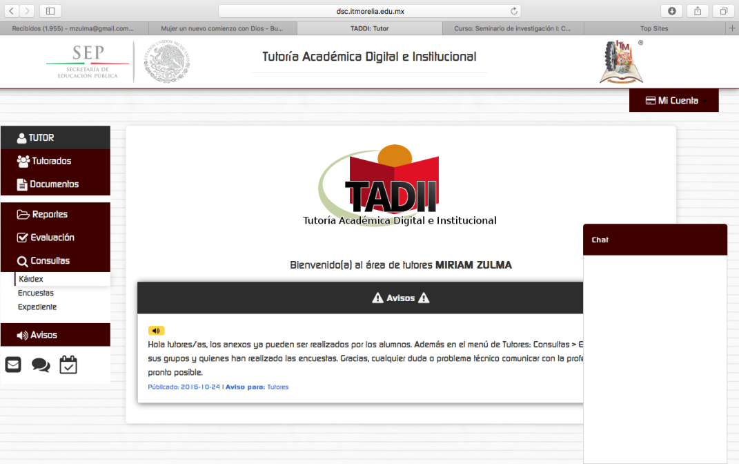 Interfaz del Tutor que muestra la consulta del Kardex y del Expediente del tutorado.