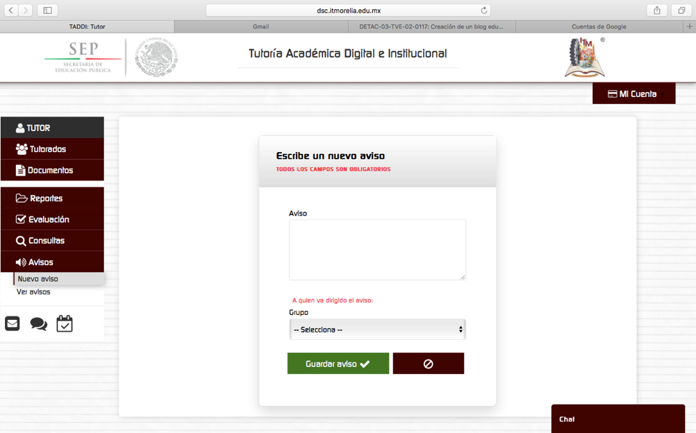 Crear nuevos avisos para que los tutorados lo vean al abrir su perfil.