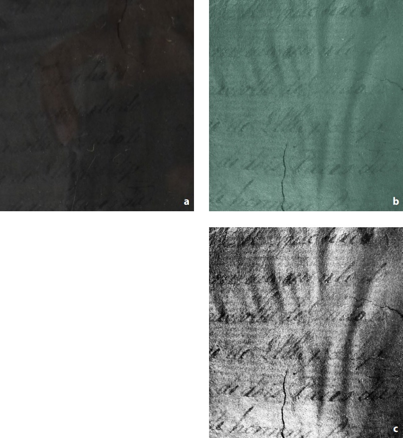 Amostra PT-MUL-AMB-QM-CX.ARF.01 sem tratamento (a), com filtro IV (b) e
processada pelo retroReveal (c).