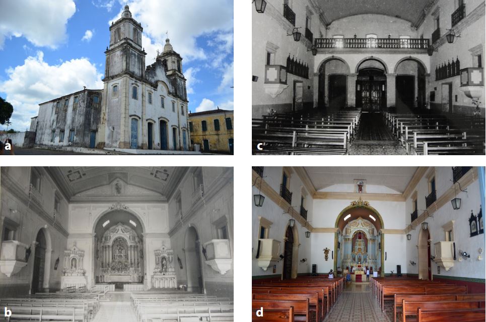 Igreja Matriz Nossa Senhora da Vit�ria: a) vista da fachada em 2016; b)
vista da nave em 1939; c) vista da nave em 1976; d) vista da nave em 2016.
Fontes: Andrea Rom�o e Arquivo Noronha Santos.