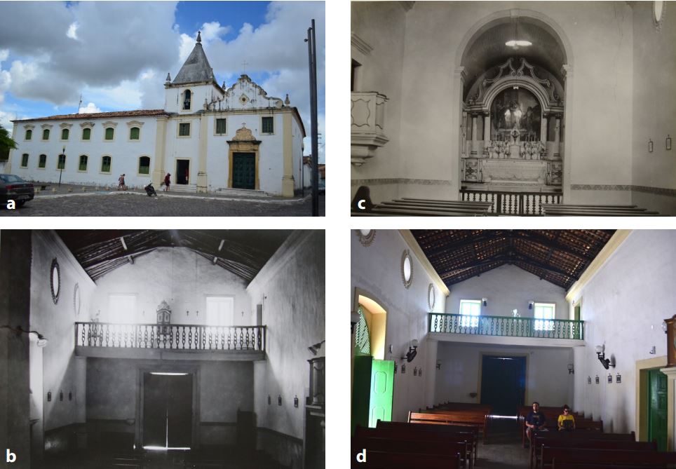 Igreja da Santa Casa de Miseric�rdia: a) vista da fachada em 2016; b) e c)
vistas da nave (sem data); d) vista da nave em 2016. Fontes: Andrea Rom�o e
Arquivo Noronha Santos.