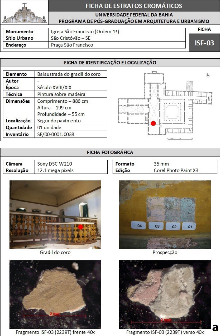 Ficha de estratos crom�ticos da Igreja da Ordem Primeira de S�o Francisco:
a) Ficha de identifica��o e localiza��o e ficha fotogr�fica; b) Fichas de
prospec��o, amostragem microsc�pica e observa��es. Fonte: Andrea Rom�o, 2010.