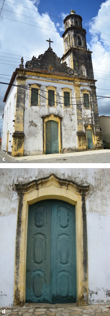 Igreja de Nossa Senhora do Amparo: a) vista da fachada em 2016; b) detalhe
da portada principal, um dos objetos de prospec��o da pesquisa, em 2016. Fonte:
Andrea Rom�o.