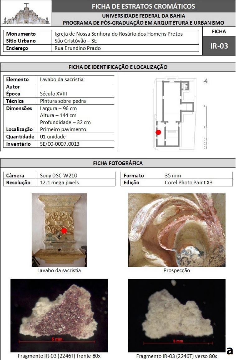 Ficha de estratos crom�ticos da Igreja de Nossa Senhora do Ros�rio dos
Homens Pretos (amostra vermelha): a) Ficha de identifica��o e localiza��o e
ficha fotogr�fica; b) Fichas de prospec��o, amostragem microsc�pica e
observa��es. Fonte: Andrea Rom�o, 2010.