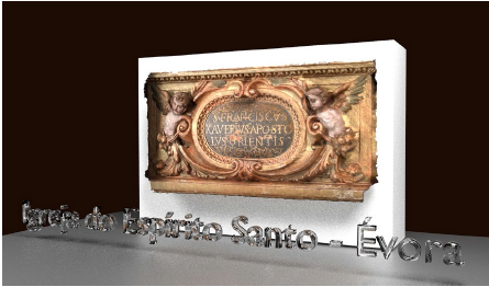 Representa&ccedil;&atilde;o gr&aacute;fica 3D da cartela de invoca&ccedil;&atilde;o a
S&atilde;o Francisco Xavier, do ret&aacute;bulo-mor da Igreja do Esp&iacute;rito Santo, em &Eacute;vora.
Modelo 3D adquirido por t&eacute;cnica de documenta&ccedil;&atilde;o fotogram&eacute;trica.