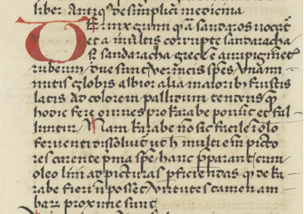 “Vernix gummi quod arabum sandaros vocatur & a multis corrupte sandaracha; sed sandaracha
graece est auri pigmentum rubeum”. Extract
from the Clavis Sanationis, the
medical lexicon compiled by Simon of Genoa in c. 1290. Physicians
frequently complained of the corruption of the Arabic sandaros into sandarac(h)a:
in Greek pharmacopoeia sandaracha was
already the name for the mineral realgar, or red orpiment, which led to the
risk of this dangerous arsenic sulphide being prescribed instead of the resin. Notably, in this medical lexicon, vernix
is directly presented as the basis for the
painters’ oil varnish without any reference to its medical uses. Wellcome Library, London, MS 167
(fl. 95r).