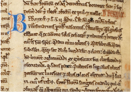 &ldquo;Bernix
[&hellip;] Est autem gummi cuiusdam arboris in ultra
marinis partibus nascentis&rsquo; &ndash; and on its use by painters for a varnish, both giving brightness and preserving their colours
- &lsquo;quoniam pictores super alios colores ponunt ipsam ut melius luceant: &
alios colores conservet&rdquo;. Extract from the Liber
de Simplici Medicina or Circa Instans,
composed by Matthaeus Platearius in Salerno between 1130 and 1160. British
Library, London, Harley MS 270 (fl. 128v), transcription with reference to its
first edition in Venice, 1497.