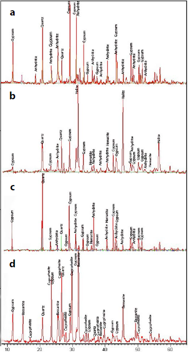 XRD patterns
of the preparation and painted layers: a) fine preparation layer; b) light red pigment; c) red pigment; d) blue pigment. 

 