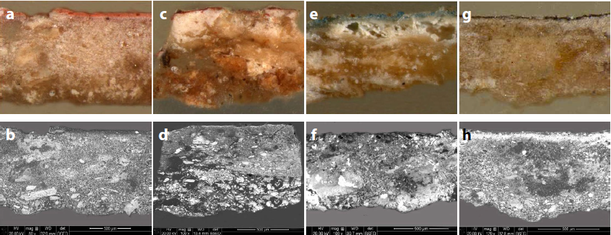 Optical
and backscattered SEM micrographs showing the stratigraphic structure of the
painted layers: a, b) orange paint
layer; c, d) red paint layer; e, f) blue paint layer; g, h) black paint layer.