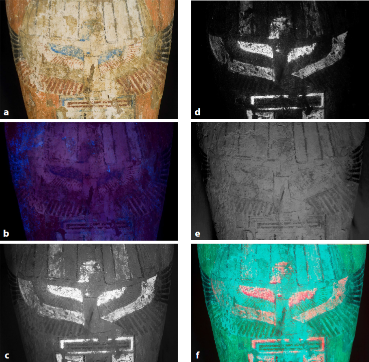 Technical
images for the middle area of the coffin made by different methods: a) visible; b) UV-induced luminescence; c)
visible-induced luminescence with a mixture of radiation from LED and
fluorescent lamps; d) visible-induced
luminescence with radiation from LED lamps; e)
infrared; f) infrared false
color.