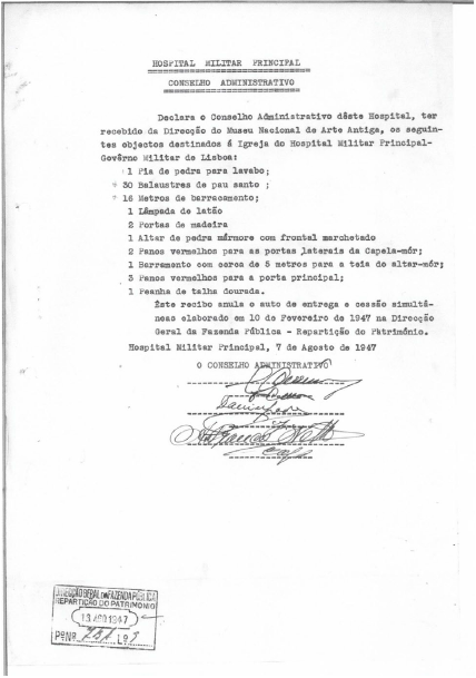 Recibo passado
pelo Conselho Administrativo do Hospital Militar Principal ao Museu Nacional de
Arte Antiga, Arquivo Contempor�neo do Minist�rio das Finan�as, Direc��o Geral
da Fazenda P�blica, cess�o de pe�as ao Hospital Militar Principal,
PT/ACMF/DGFP1/LIS/LIS/BARTS/102.