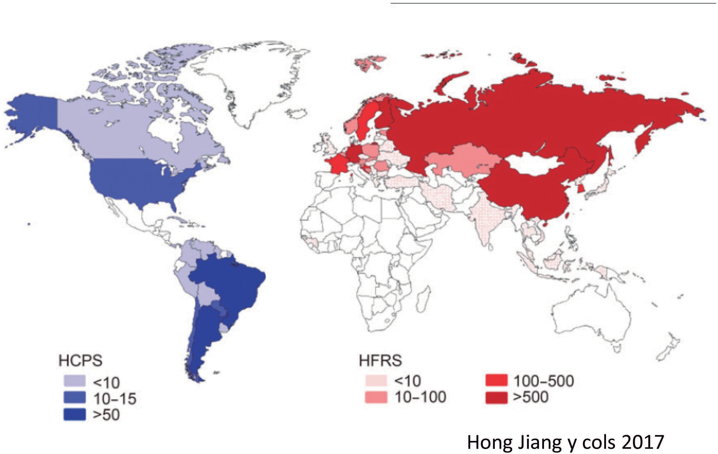 Distribuci&oacute;n mundial de la enfermedad por Hantavirus en casos/a&ntilde;o (modificado de 4).HCPS: fiebre hemorr&aacute;gica con s&iacute;ndrome renal; HCPS: s&iacute;ndrome cardiopulmonar por Hantavirus